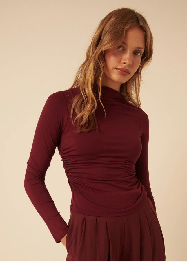 Ruched Long Sleeve Top - Burgundy