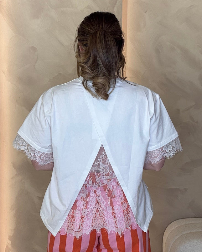 Asymmetric Lace Hem T-Shirt - White