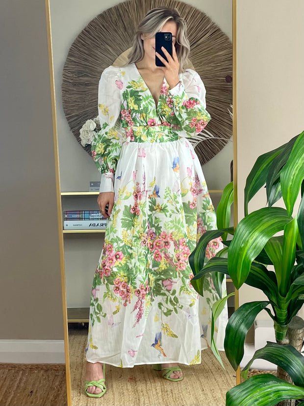 Sally Puff Sleeve Plunge Midi Dress - Floral