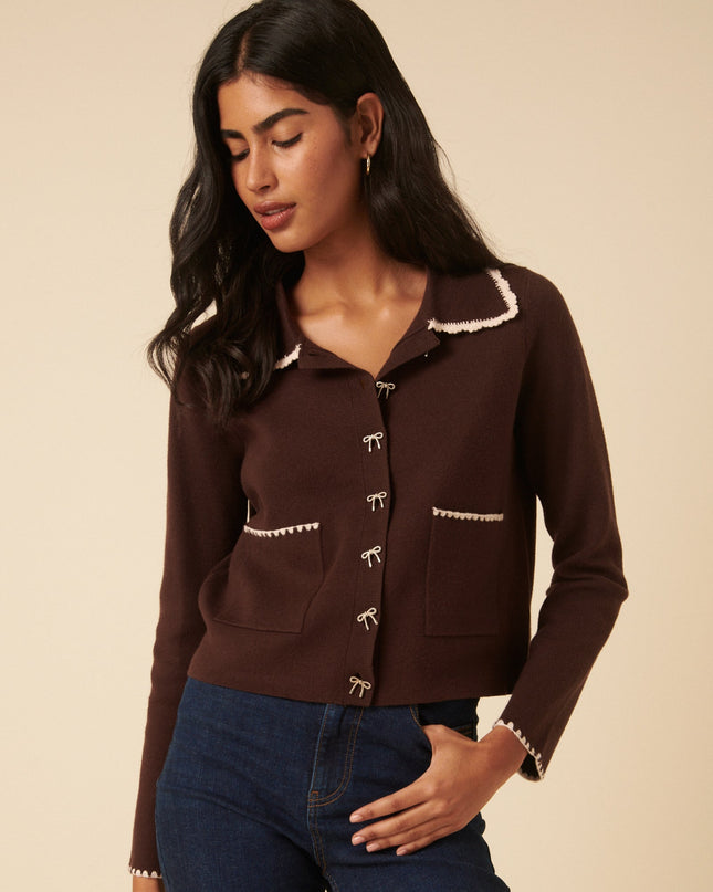 Crochet Collar Bow Button Cardigan - Brown