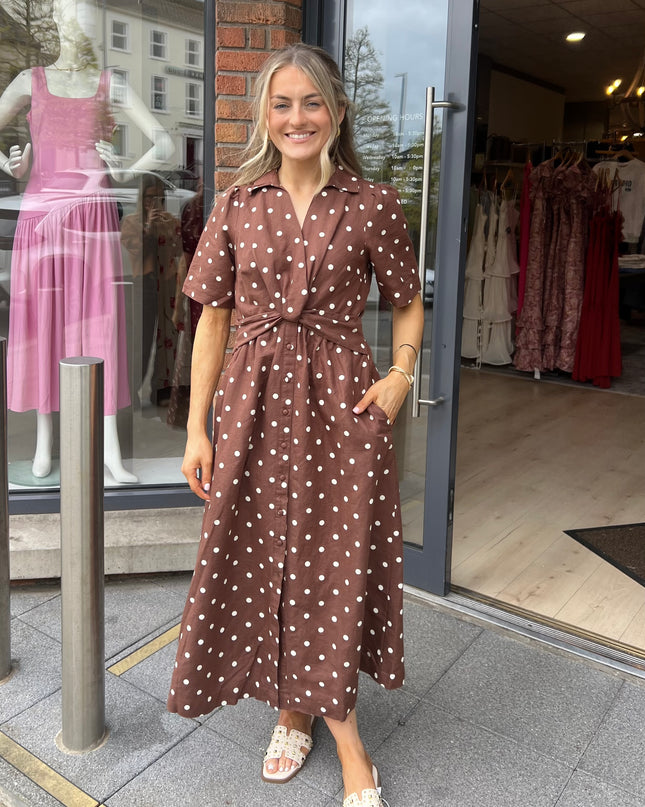 Marina Midi Linen Blend Dress - Brown Polka Dot