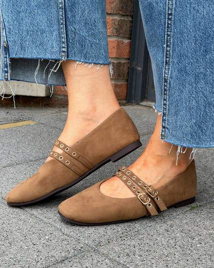 Suede Double Strap Pump - Taupe