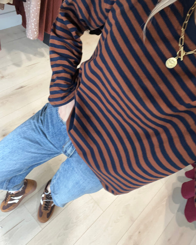 Oversized Striped Long Sleeve Top - Brown/Navy