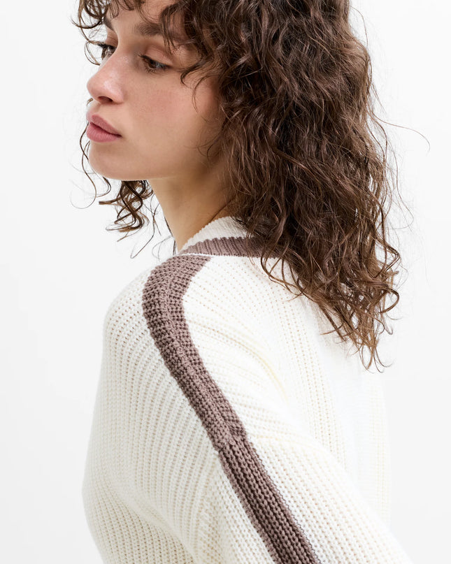 French Connection Varli Varsity V-Neck Jumper - Summer White/Taupe