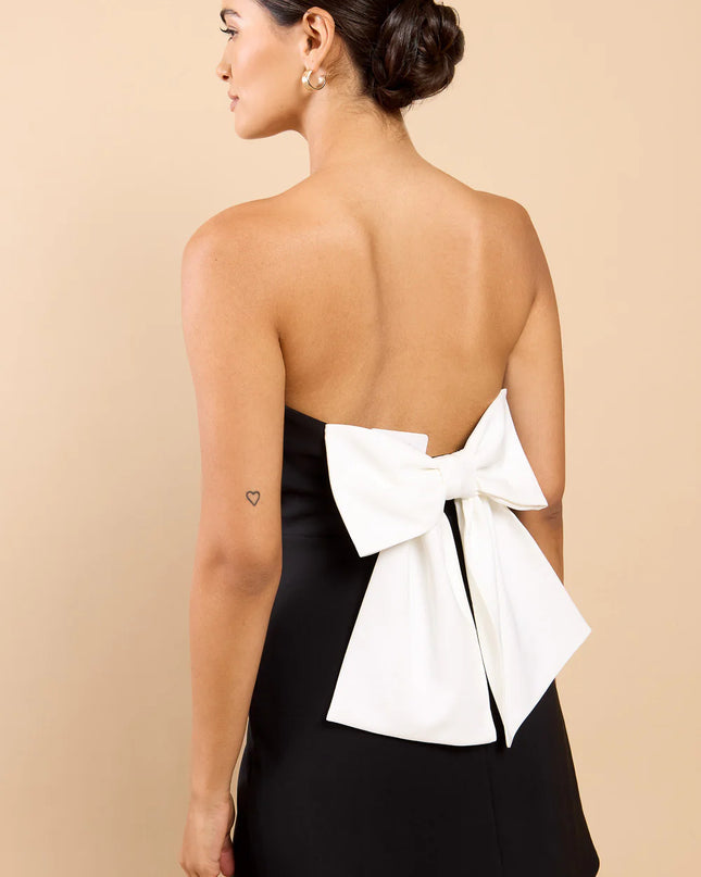 Salome Velvet Contrast Bow Mini Dress - Black