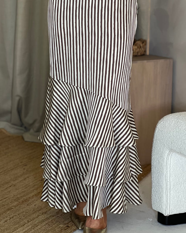 Serita V Neck Tiered Maxi Dress - Brown and Cream Stripe