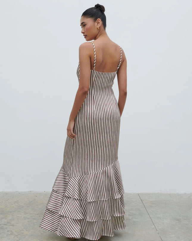 Serita V Neck Tiered Maxi Dress - Brown and Cream Stripe