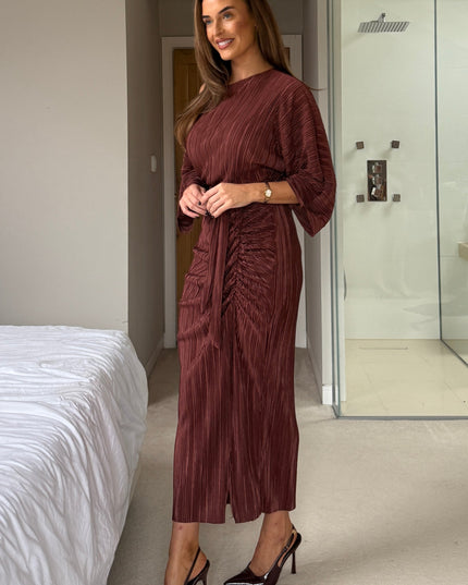 Vendy Off The Shoulder Ruched Detail Midi Dress - Brown