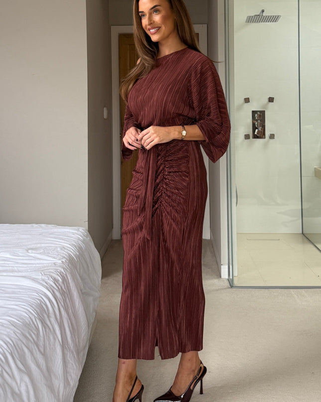 Vendy Off The Shoulder Ruched Detail Midi Dress - Brown