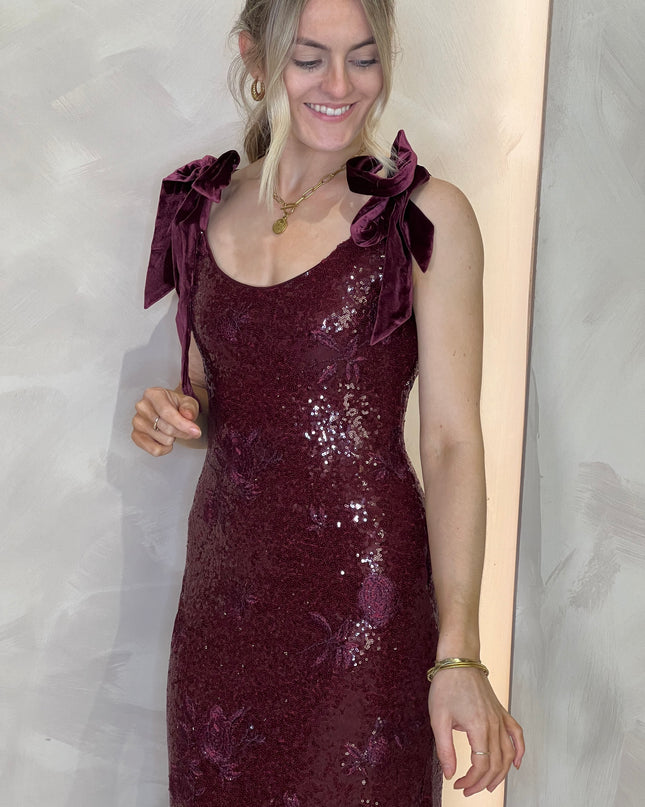 Romy Tie Sequin Midaxi Dress - Wine Floral Sequin