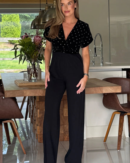 Bridget Twist Front Split Arm Jumpsuit Beaded Velvet - Black
