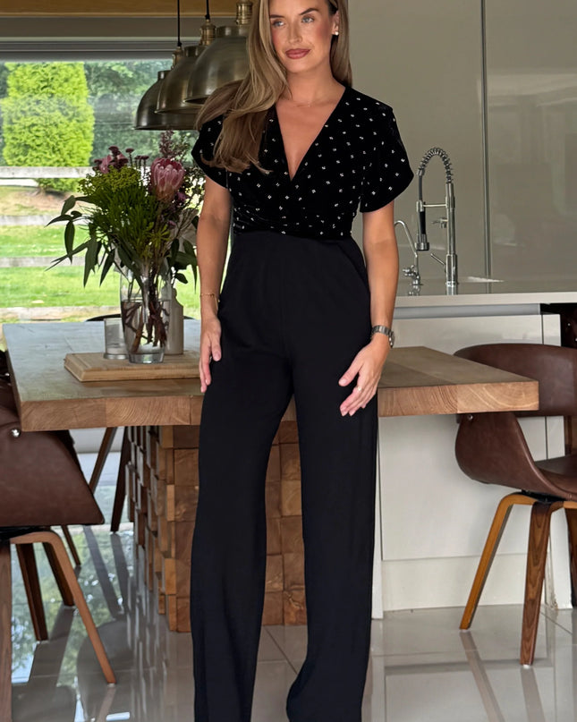 Bridget Twist Front Split Arm Jumpsuit Beaded Velvet - Black