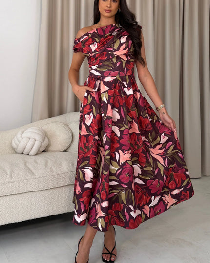 Betty Asymmetric Midi Dress - Cranberry Floral