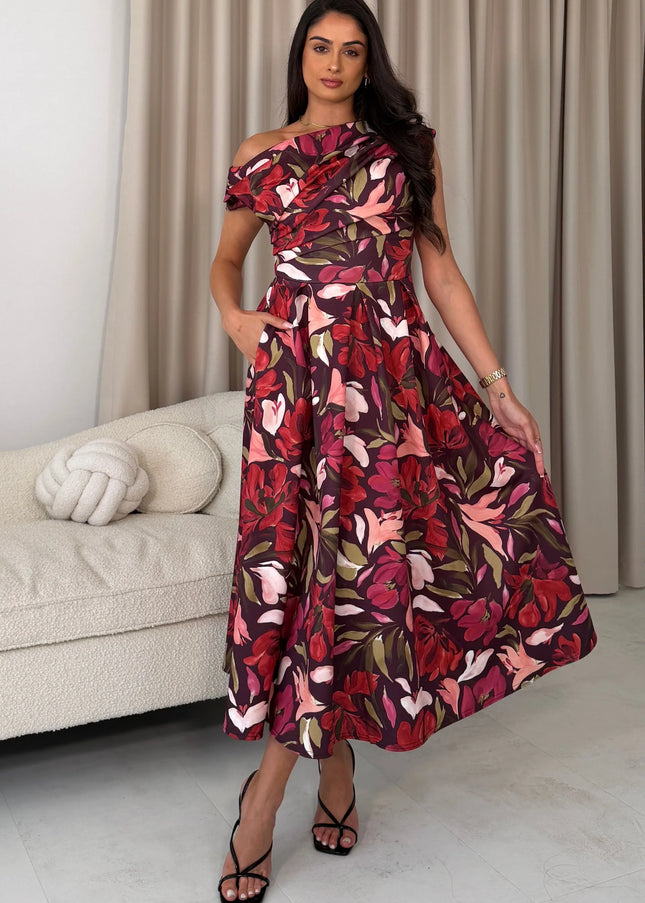Betty Asymmetric Midi Dress - Cranberry Floral