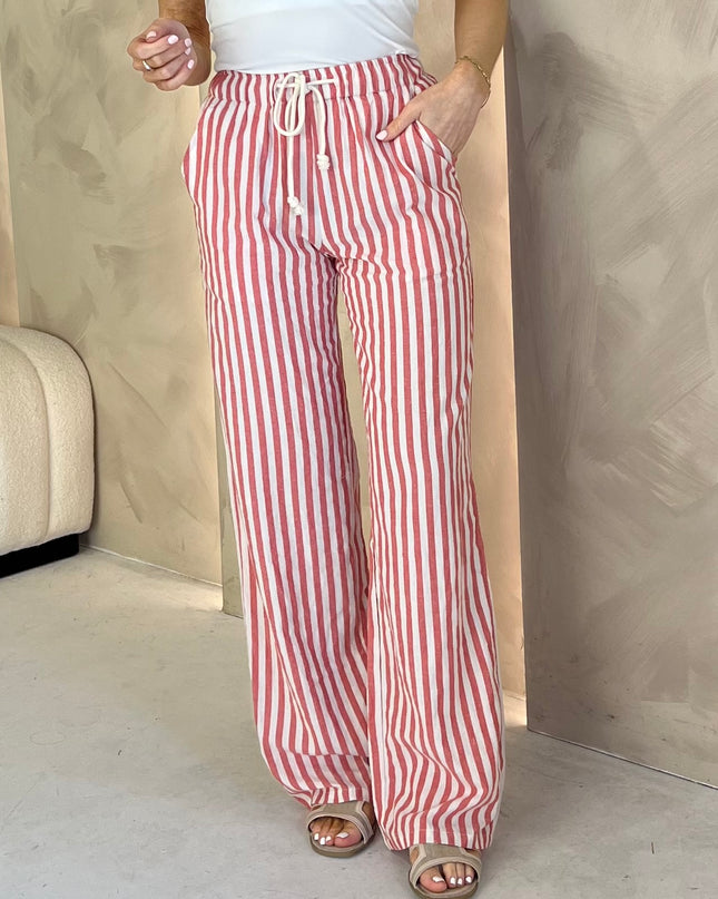Wide Leg Drawstring Trousers - Red Stripe
