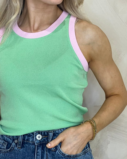 Contrast Ribbed Vest - Green/Pink