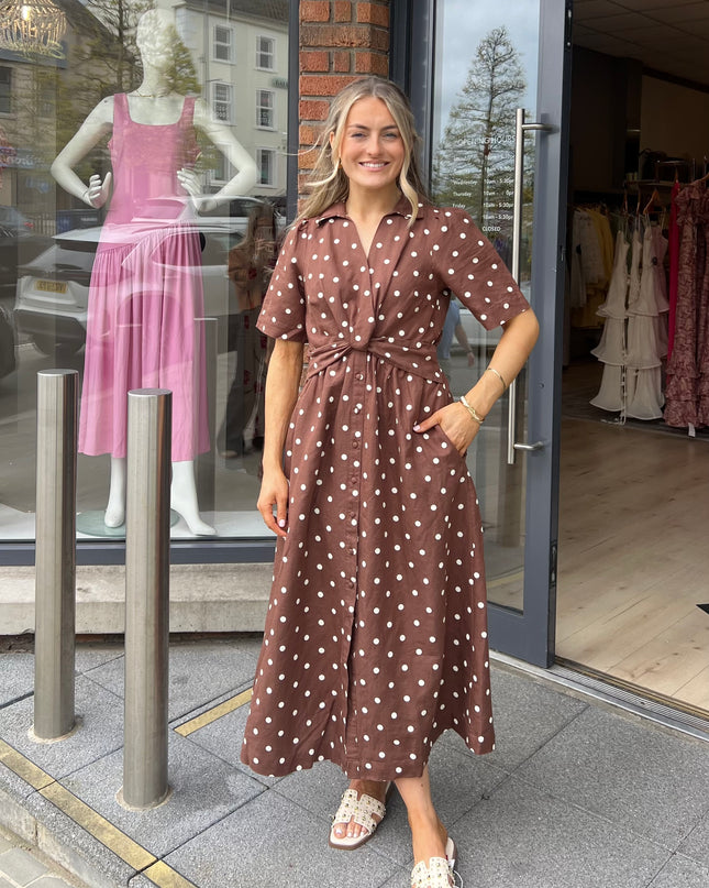 Marina Midi Linen Blend Dress - Brown Polka Dot