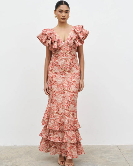 Alani V Neck Ruffle Maxi Dress - Berry Multi Abstract