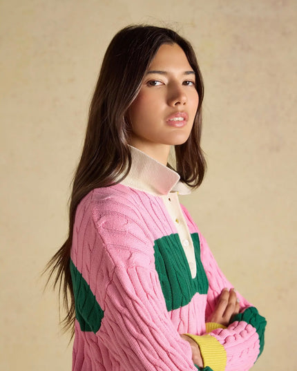 Joules Cable Knit Rugby Jumper - Pink/Green
