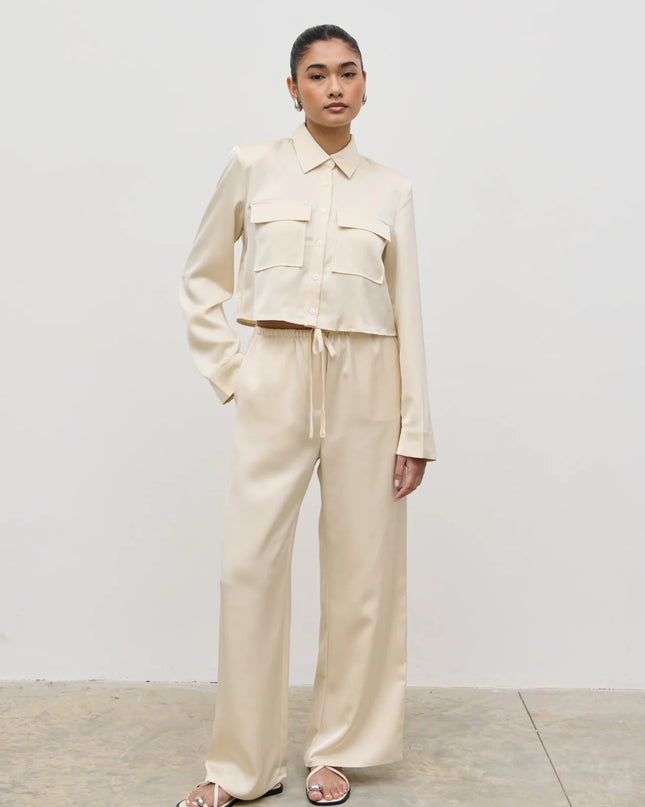 Breya Satin Drawstring Trousers - Oyster