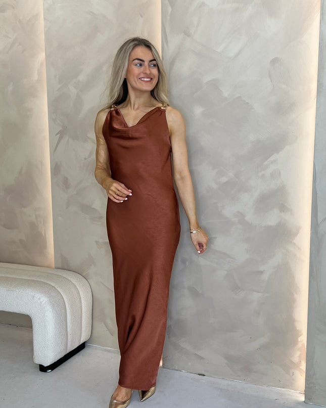 Cowl Neck Dress with Gold Hardware - Rust