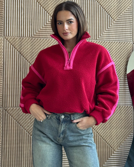 Lulu Contrast Binding 1/4 Zip Fleece - Red/Pink