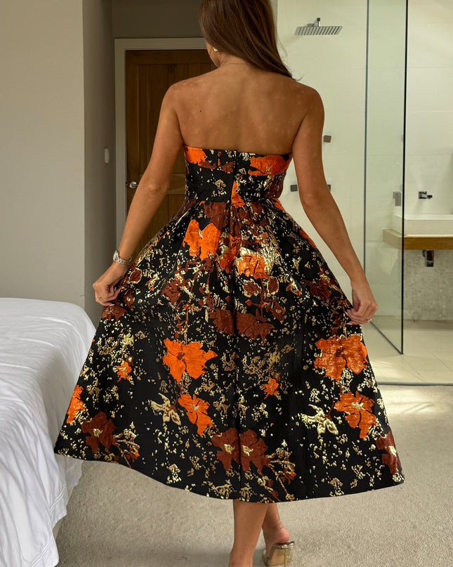 Danni Strapless Bandeau Midi Dress - Black And Gold