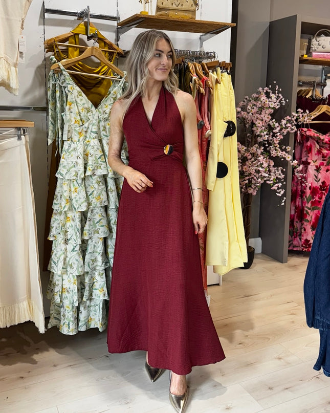 Halter Dress with Brooch Detail - Burgundy