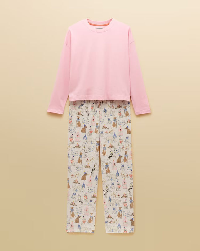 Lyla Party Dogs Jersey Cotton Pyjama Set - Pink & Cream