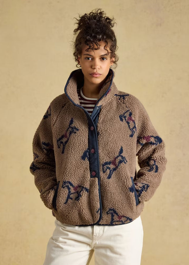 Joules Horse Print Borg Fleece Jacket - Mink Brown