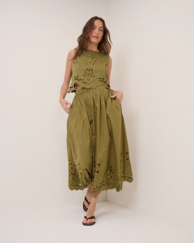 Broderie Anglaise Midi Skirt - Green