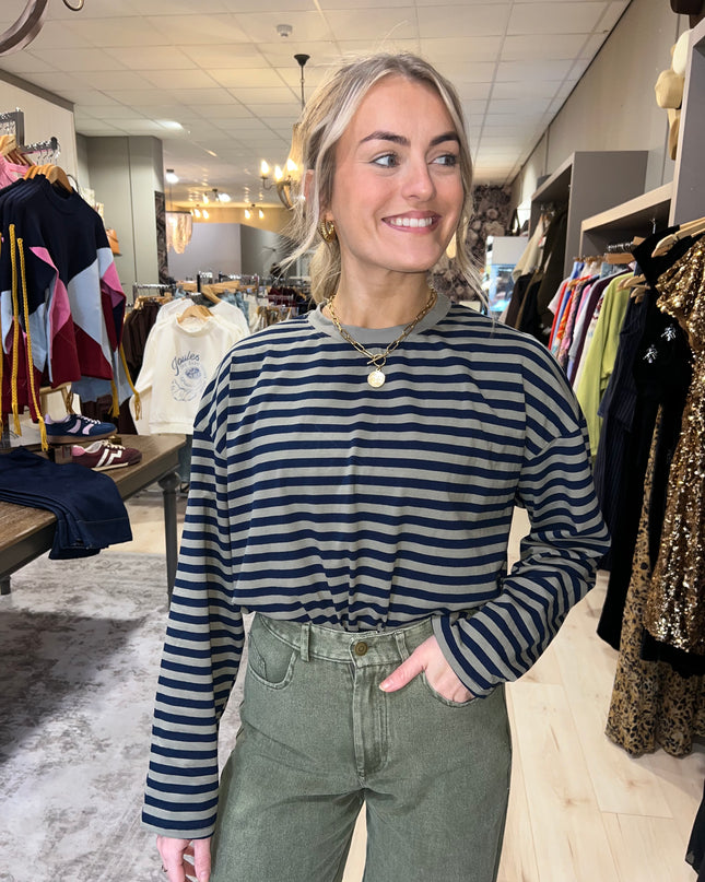 Oversized Striped Long Sleeve Top - Khaki/Navy