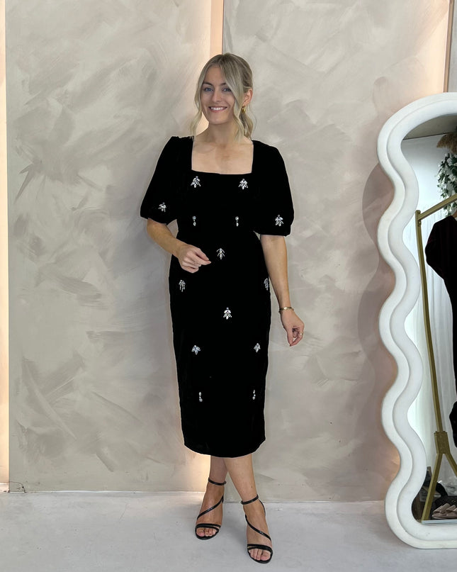 Bettina Puff Sleeve Velvet Midi Dress