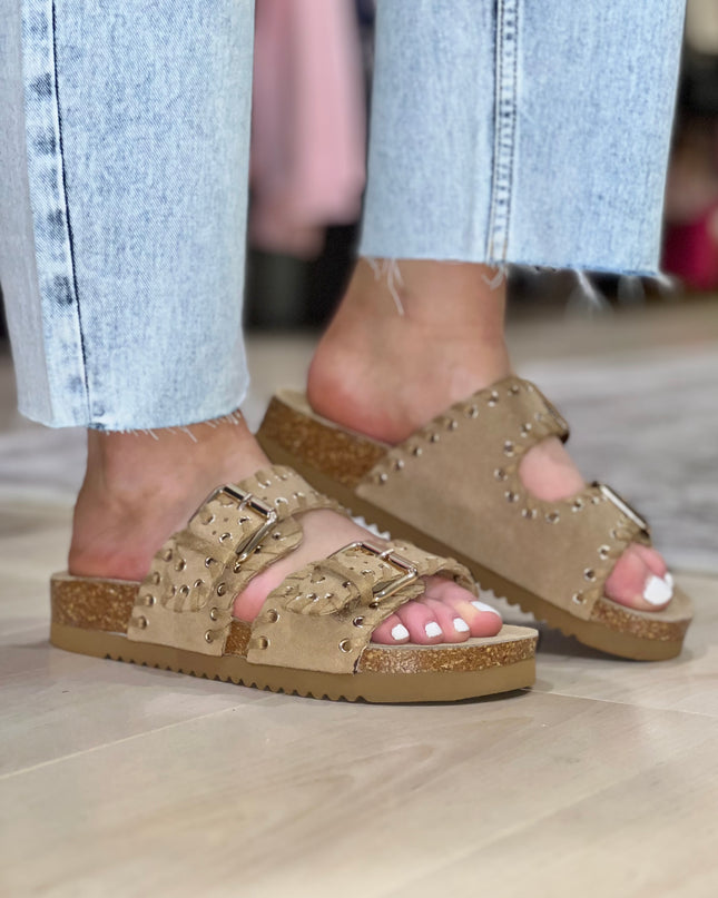 Camel Suede Buckle Sandals