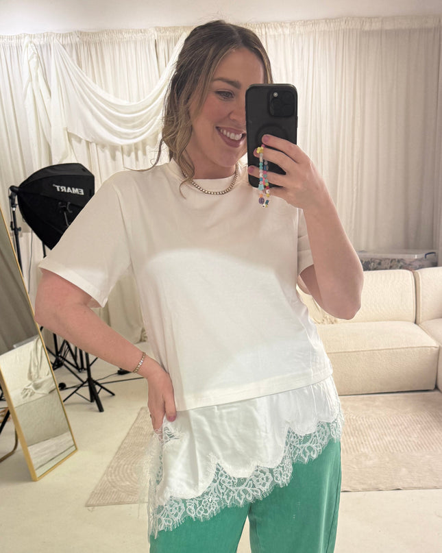 Satin and Lace Asymmetric T-Shirt - White