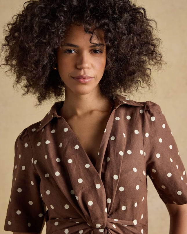 Marina Midi Linen Blend Dress - Brown Polka Dot