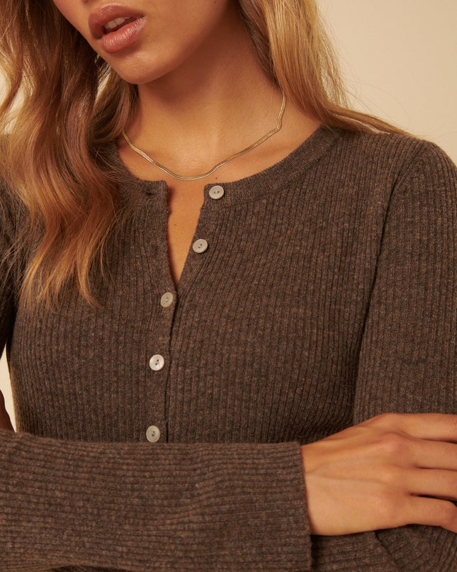 Brown Ribbed Knitted Midi Dress