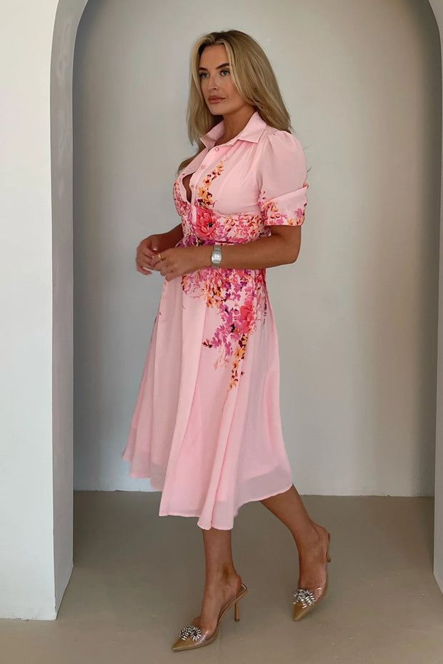 Holland Boarder Print Collar Midi Dress - Pink