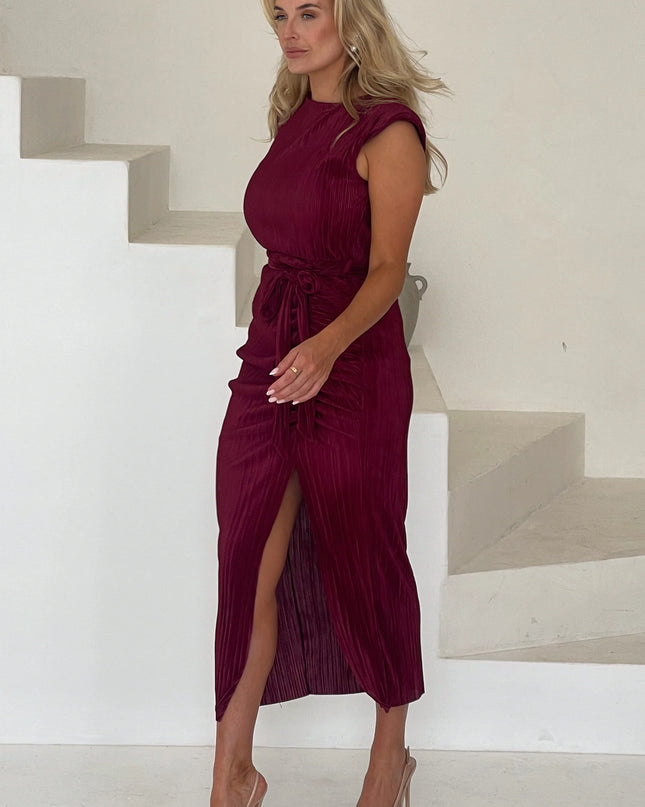 Elena Ruched Seamed Midi Dress - Wine