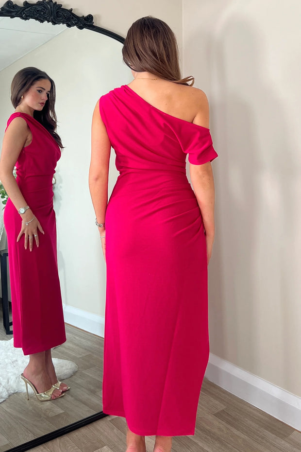 Donna Asymmetric Neckline Midi Dress - Pink