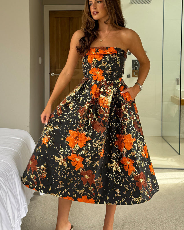 Danni Strapless Bandeau Midi Dress - Black And Gold