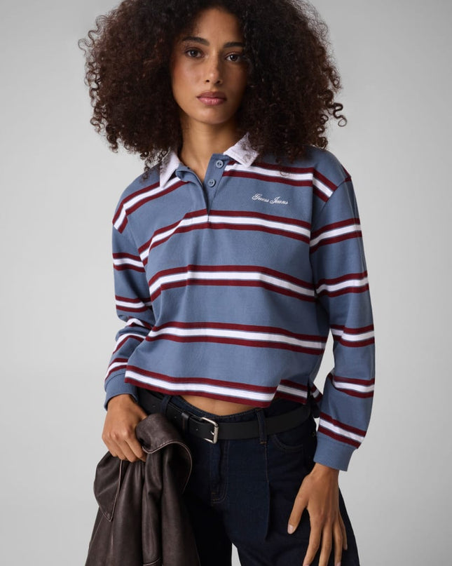 Guess Jeans Oversized Long Sleeve Polo Shirt - Blue/Burgundy