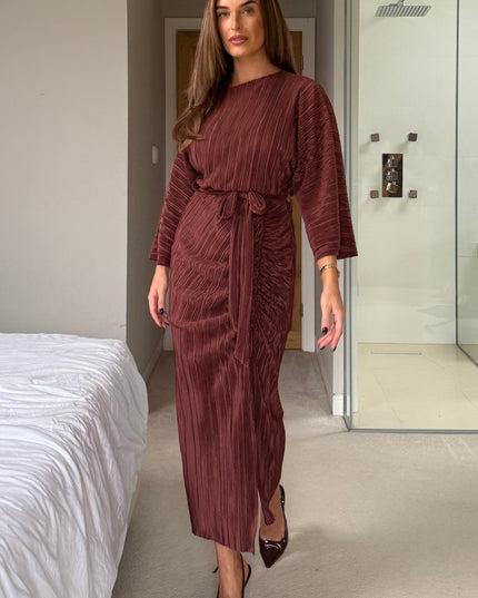 Vendy Off The Shoulder Ruched Detail Midi Dress - Brown