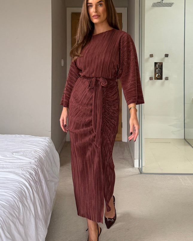 Vendy Off The Shoulder Ruched Detail Midi Dress - Brown