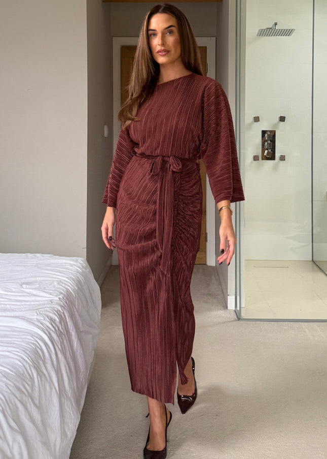 Vendy Off The Shoulder Ruched Detail Midi Dress - Brown