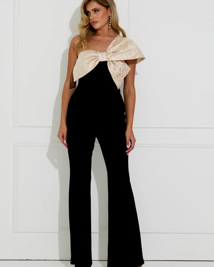 Baroque Velvet Bow Jumpsuit - Black/Gold
