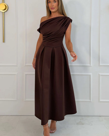 Betty Asymmetric Neckline Skater Midi - Brown