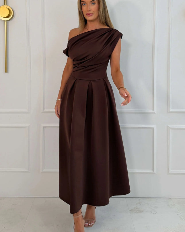 Betty Asymmetric Neckline Skater Midi - Brown