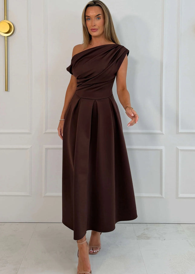 Betty Asymmetric Neckline Skater Midi - Brown