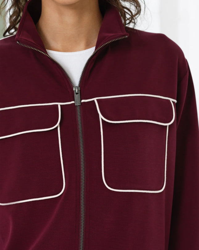 French Connection Wren Jersey Zip Up Sweatshirt - Berry Red
